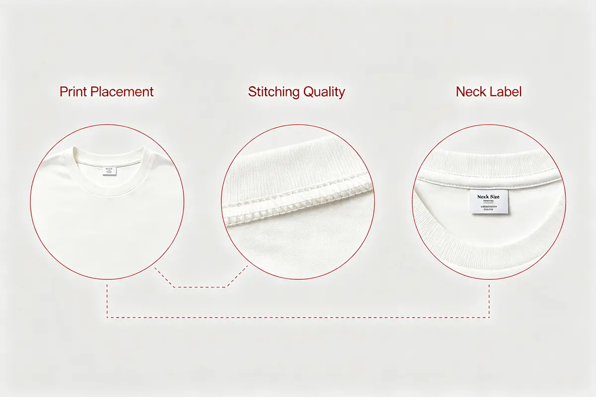 Clothing QC points for print placement stitching and neck label