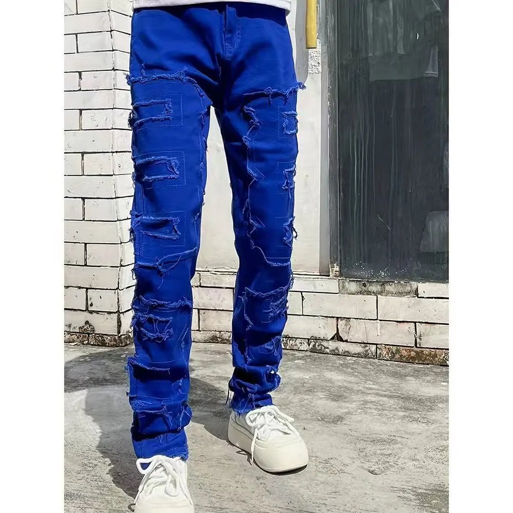 贴布牛仔直筒裤蓝色