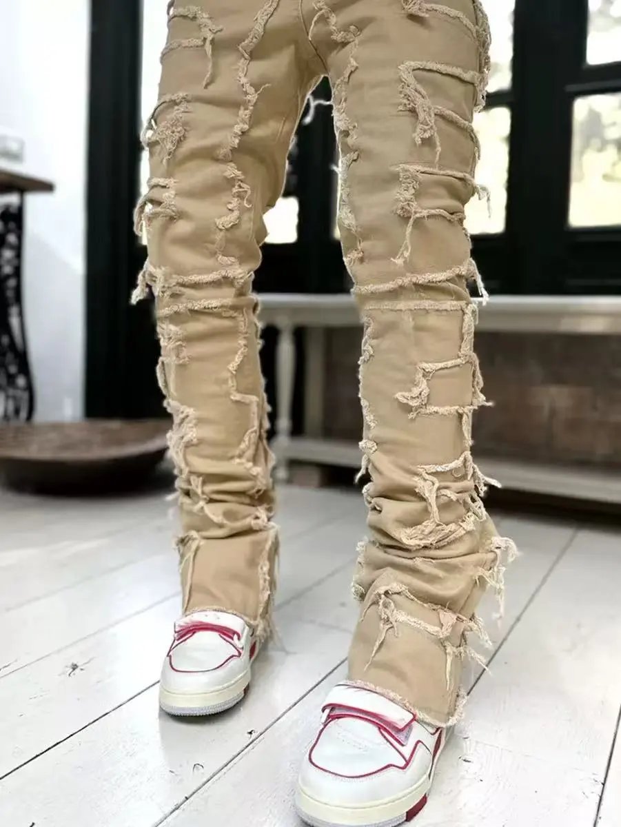 贴布牛仔直筒裤卡布其色