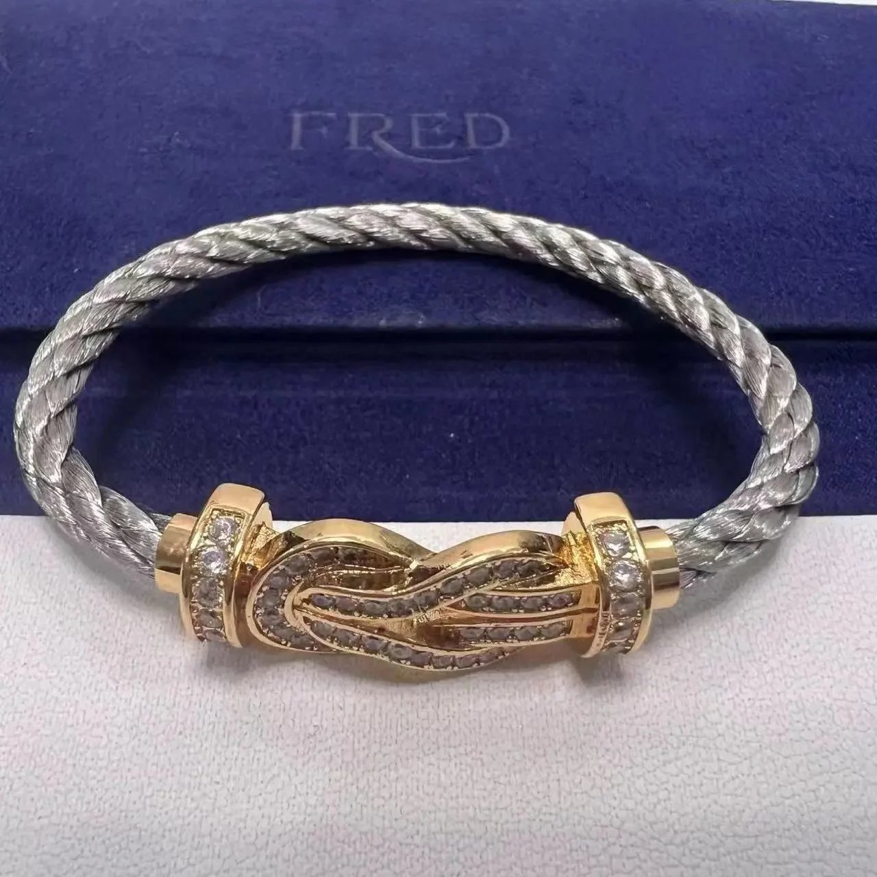 TOP Quality 银钢绳满钻玫瑰金八字扣