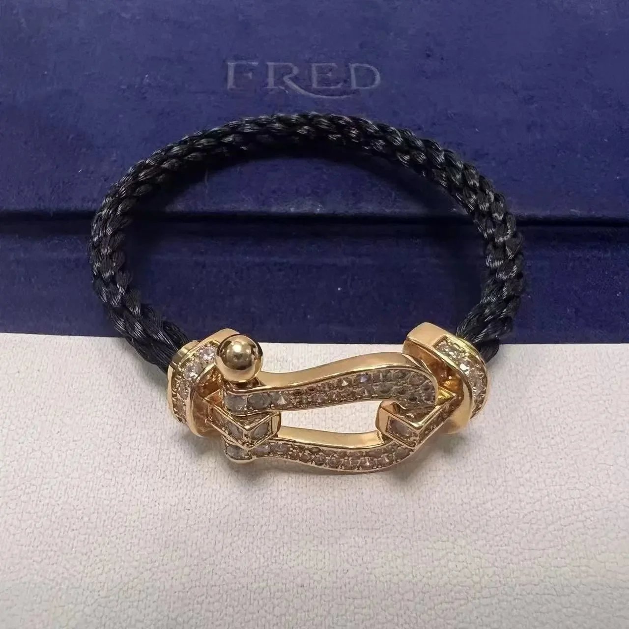 TOP Quality 黑尼龙绳满钻玫瑰金马蹄扣
