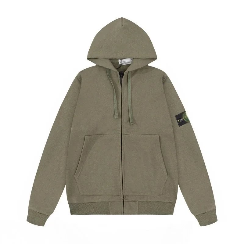 Army-green hooded cardigan