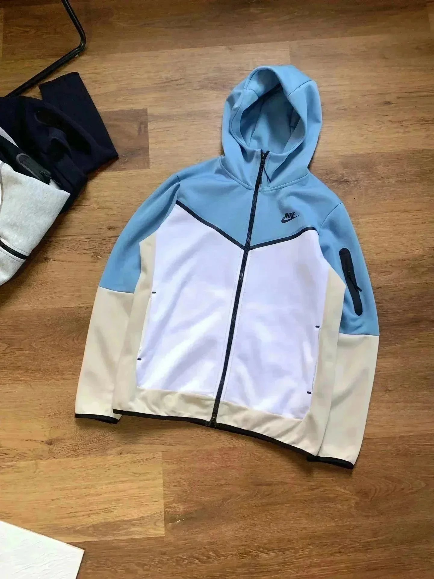 Blue and white gray stitching coat
