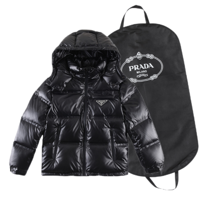 Hooded short down jacket with a small bee logo in bright black