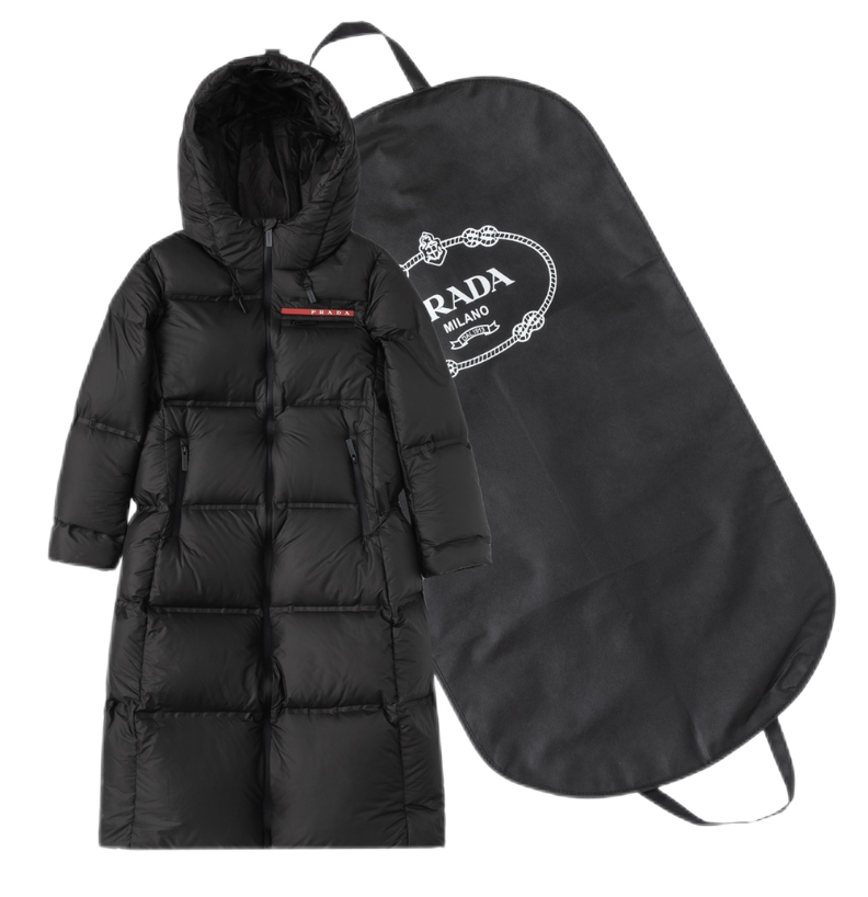 Hooded long down jacket with small black letter logo