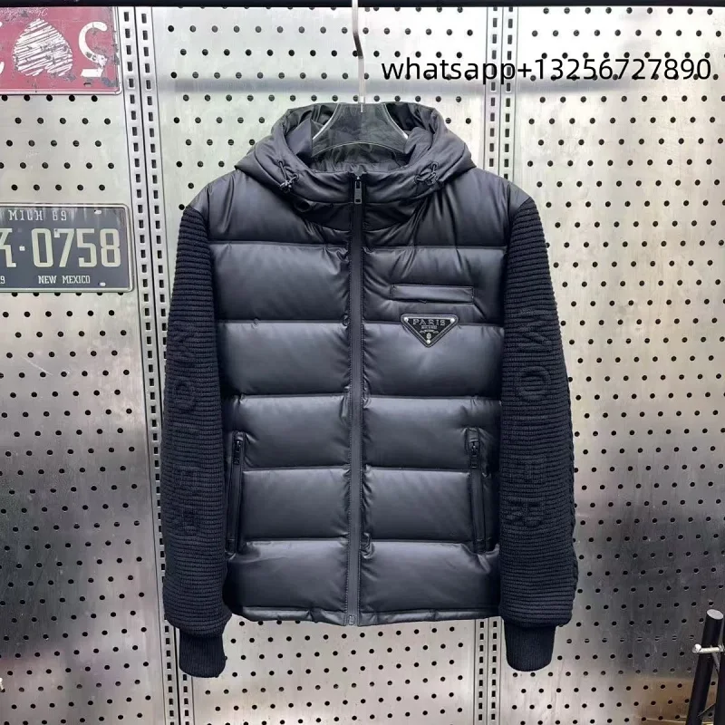 Hooded short down jacket with lettered sleeves and a small black