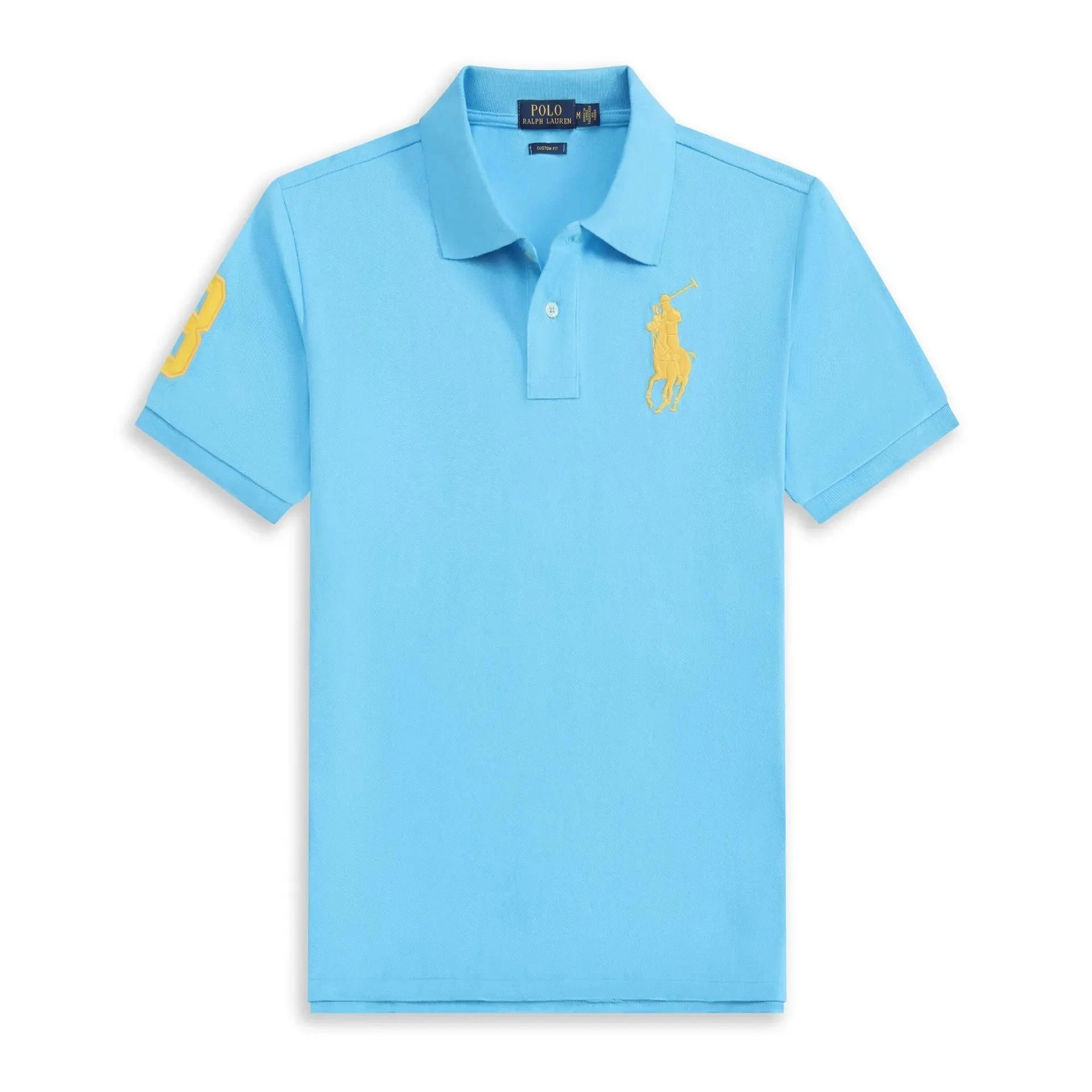 Lake blue with a yellow label