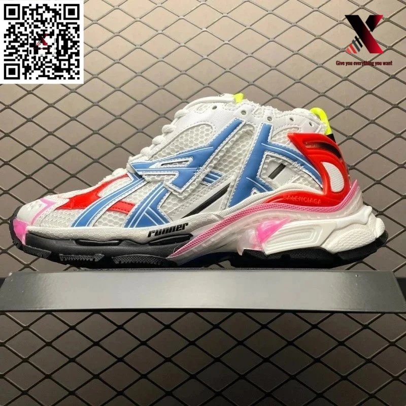 Runner dad shoes in white, blue, red, and pink