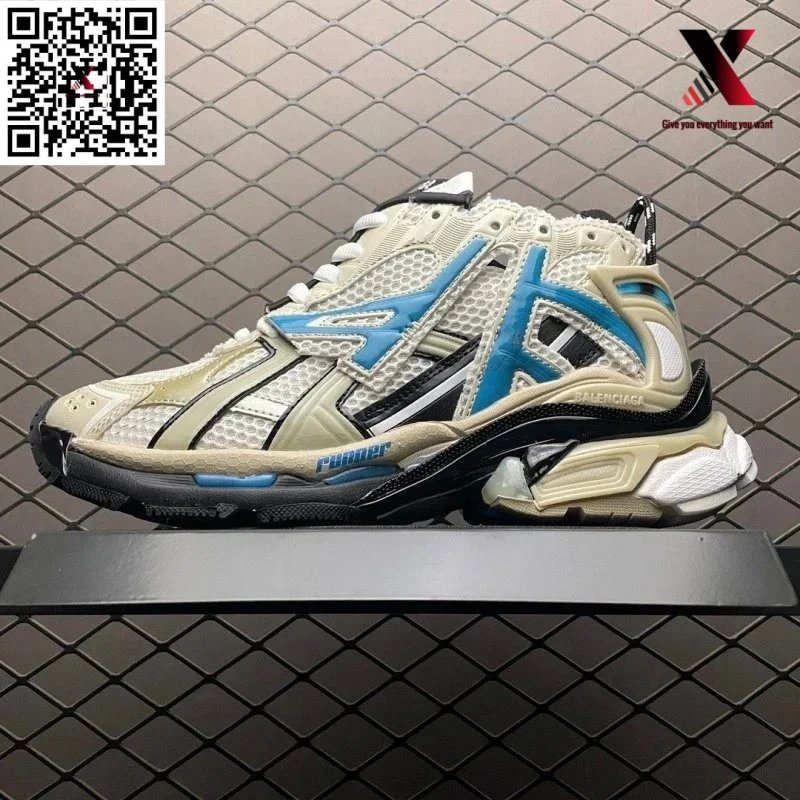 Runner dad shoes, beige-gray and aqua blue