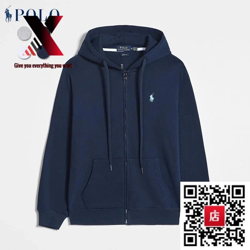 Zipper style, navy blue with a blue label