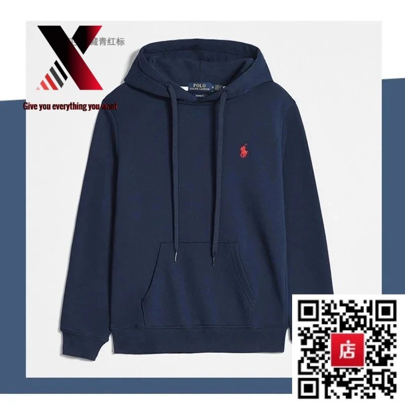 Pullover style, navy blue with a red label