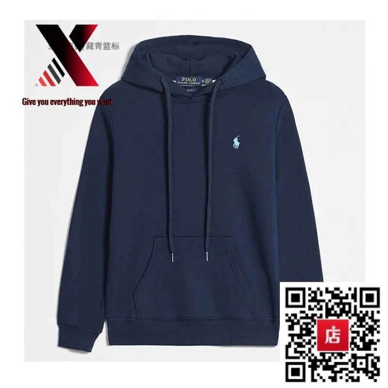 Pullover style, navy blue with a blue label