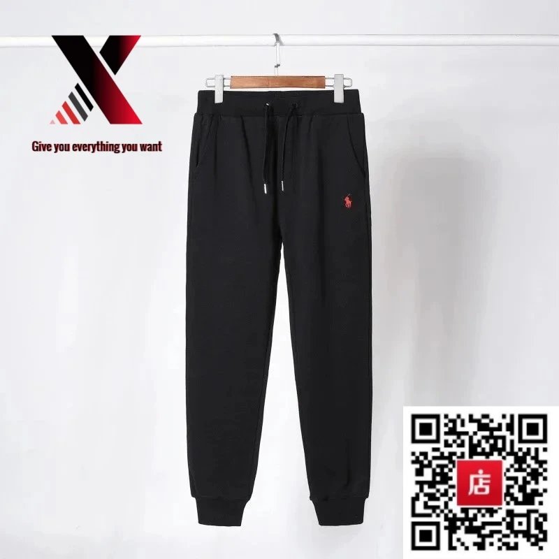 Black pants with a red label