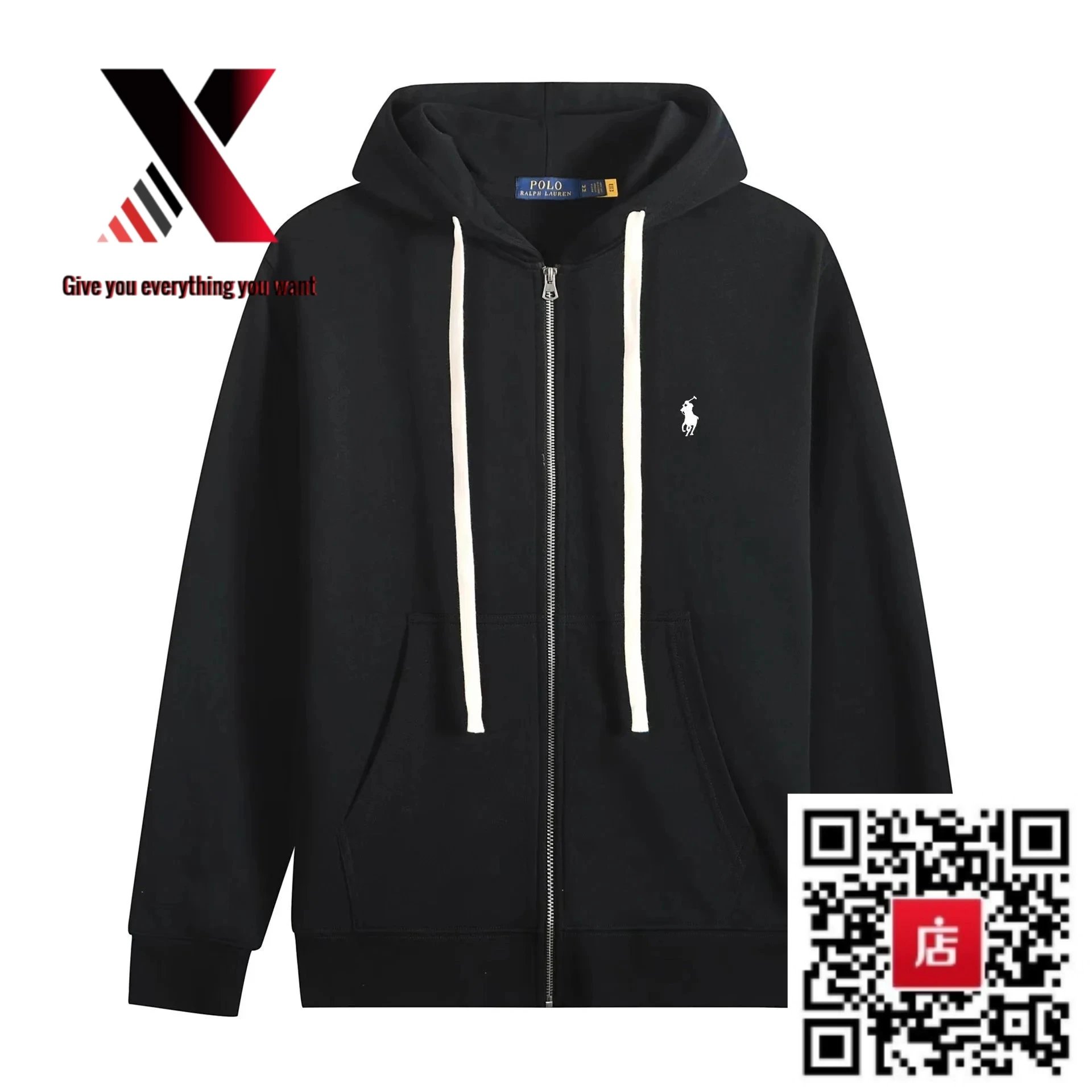 White cord zipper with black and white label