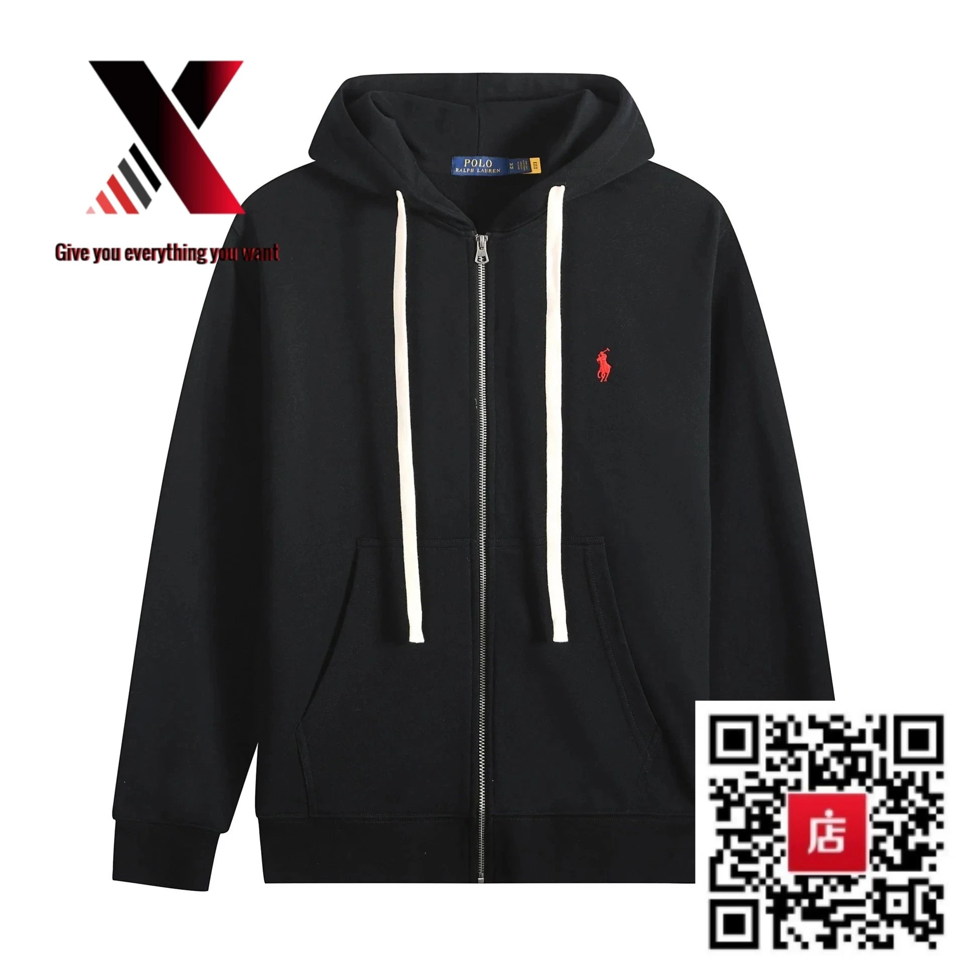 White cord zipper with a black and red label