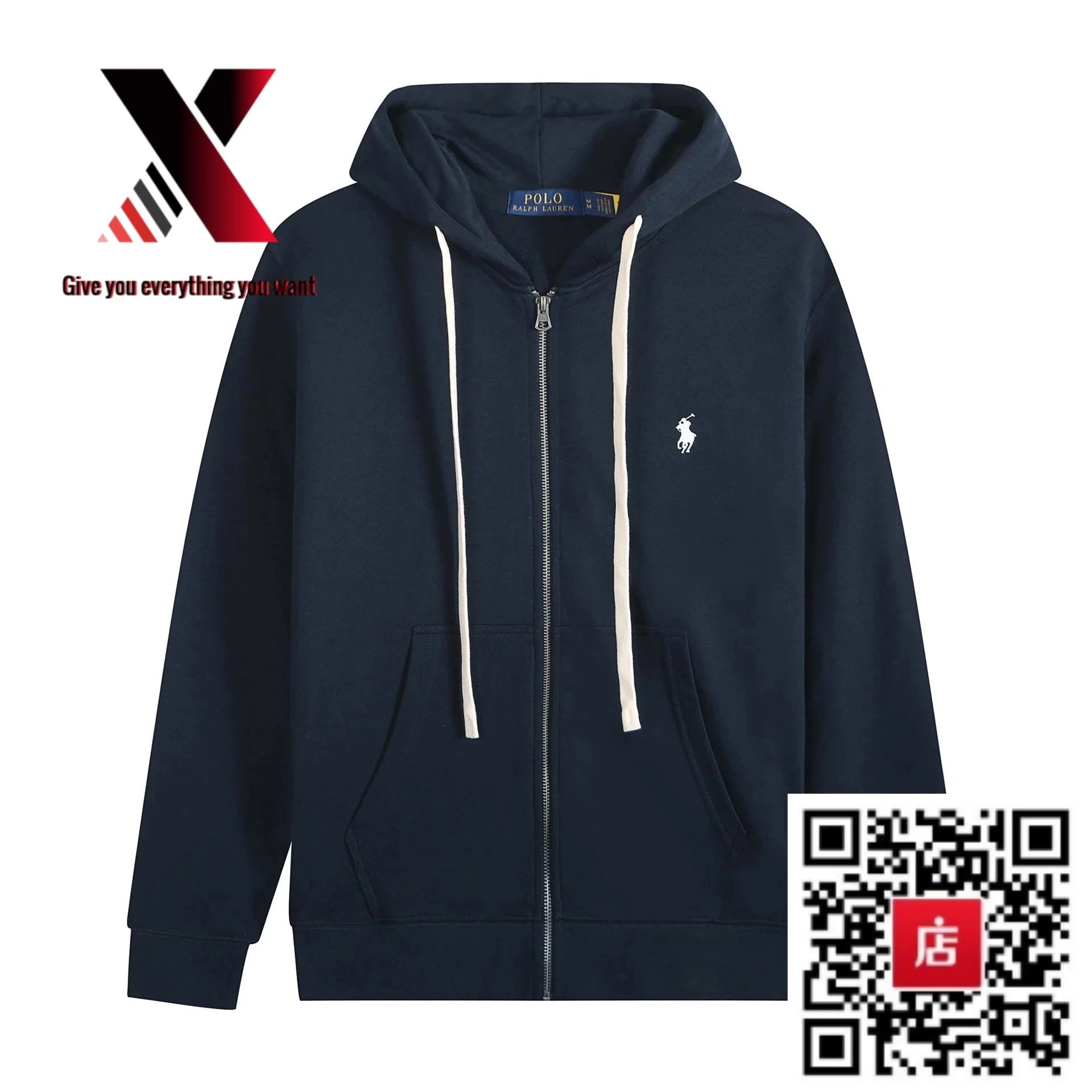 White cord zipper, navy blue with white label