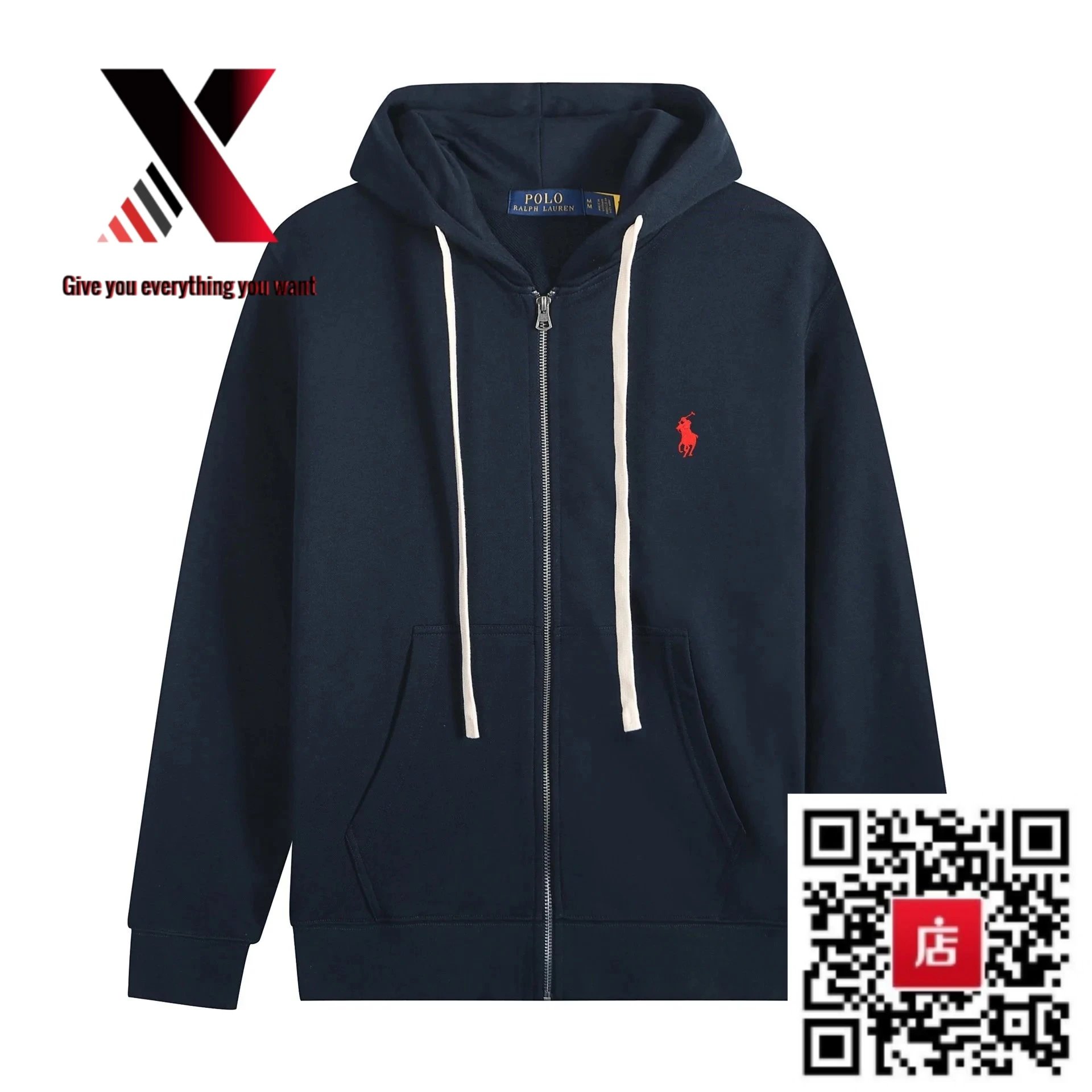 White cord zipper, navy blue with red label