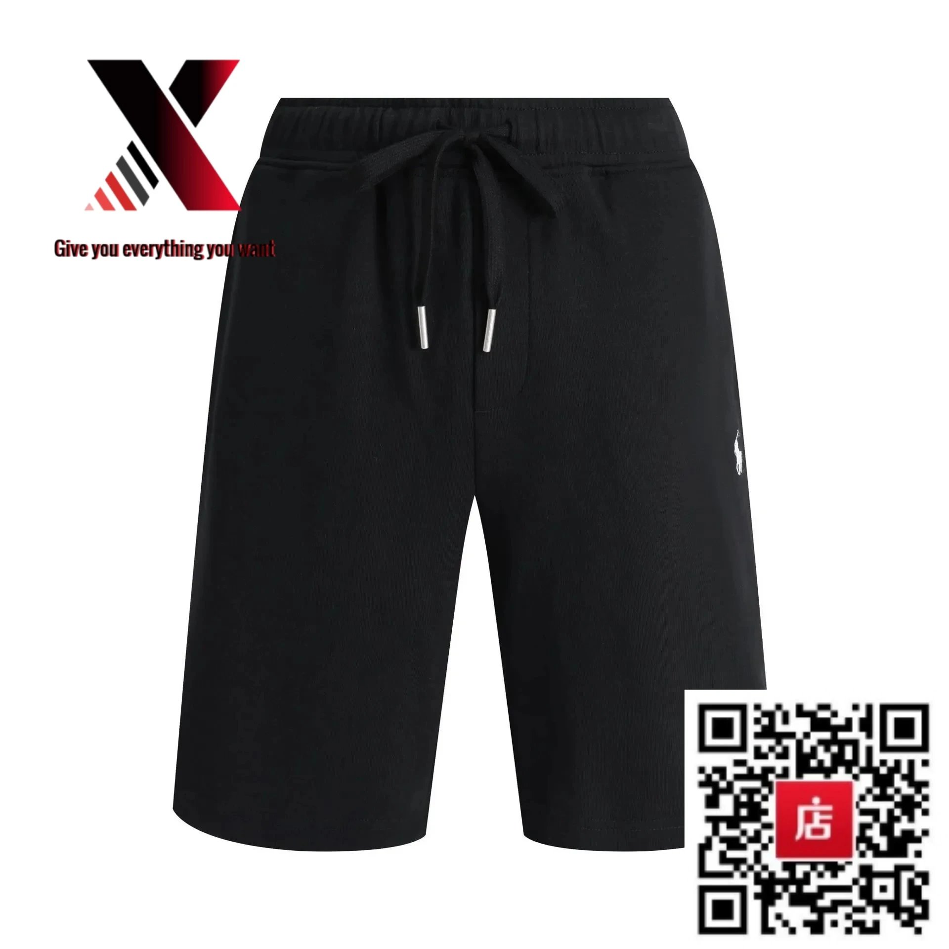 Black shorts with a white label