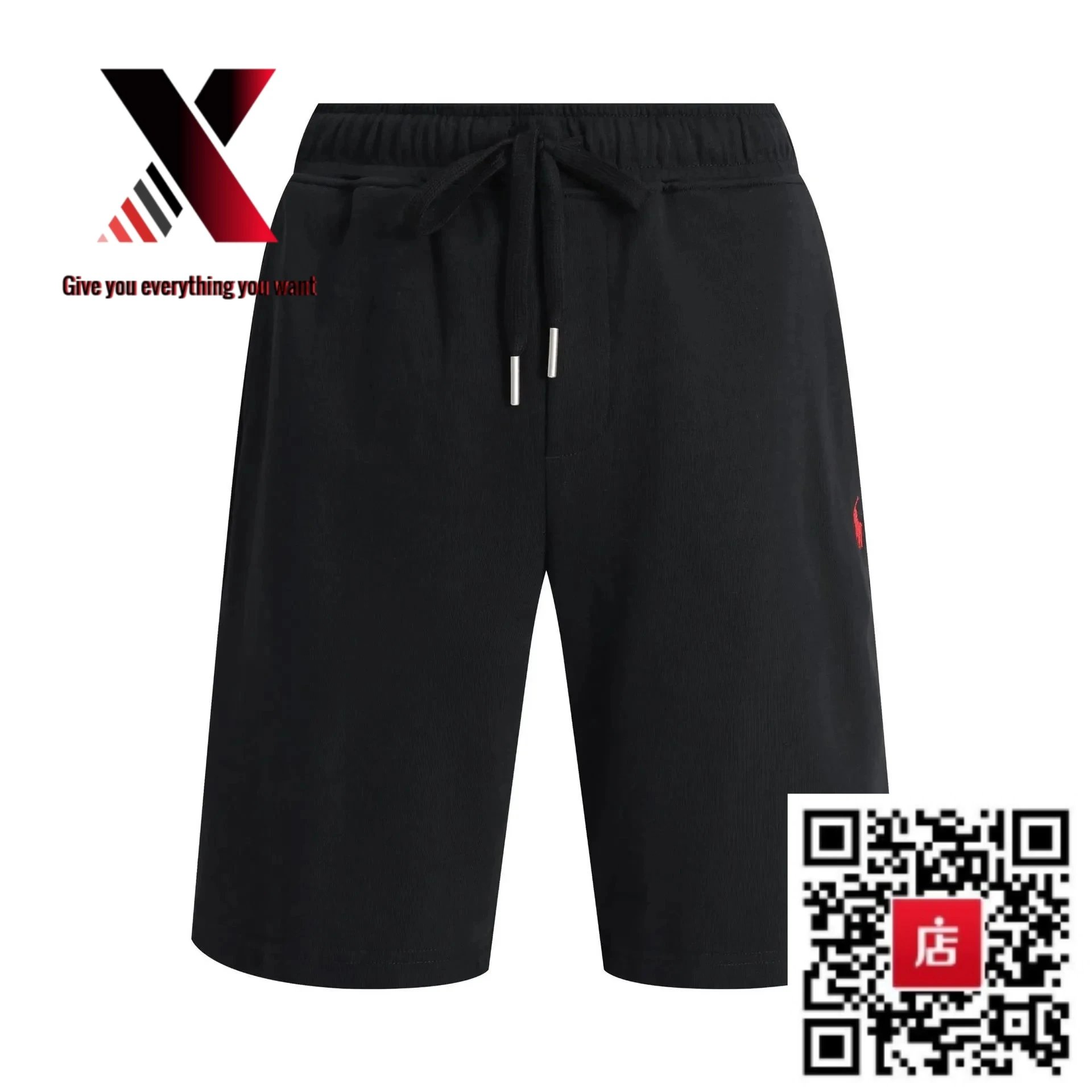 Black shorts with a red label