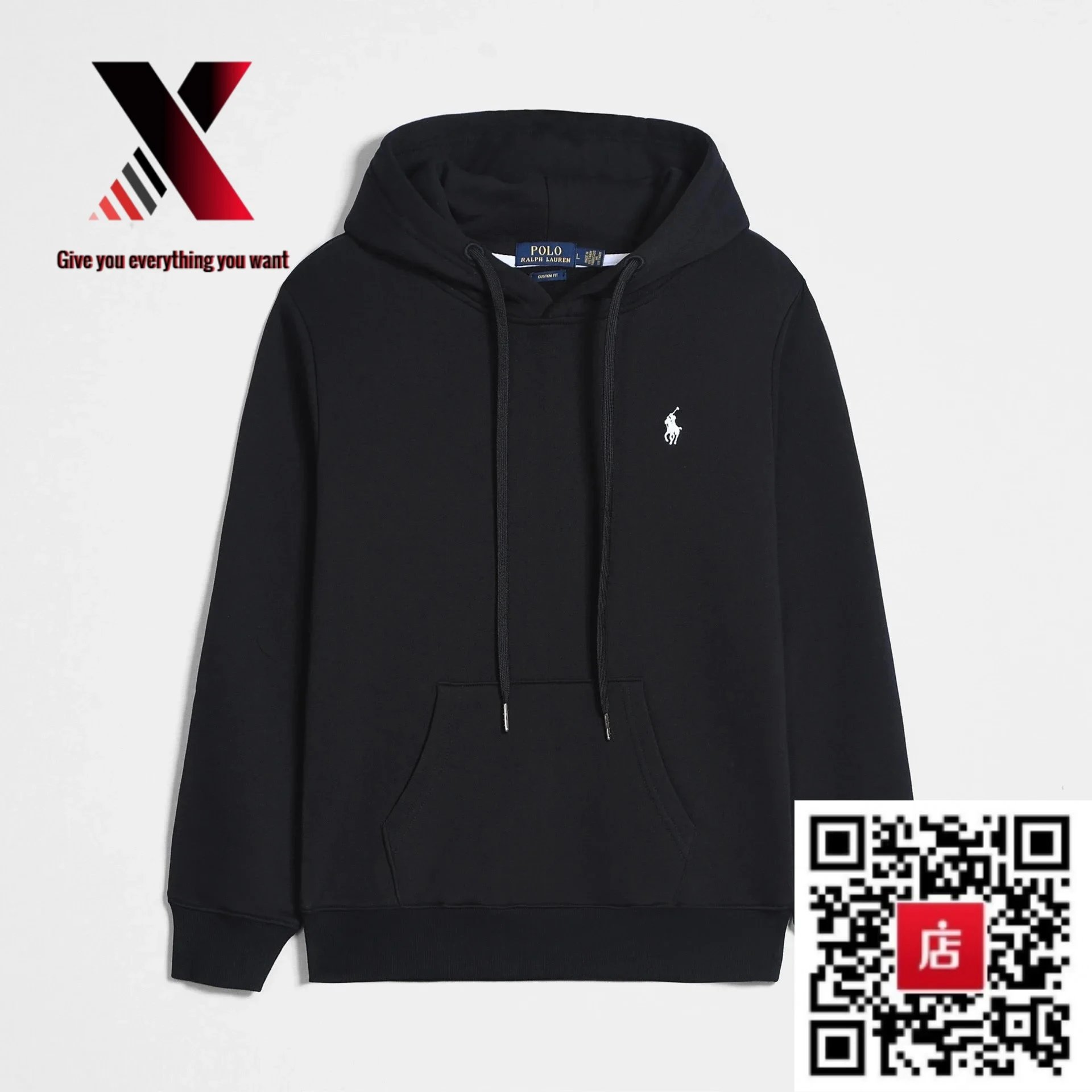 Pullover hoodie with a white label