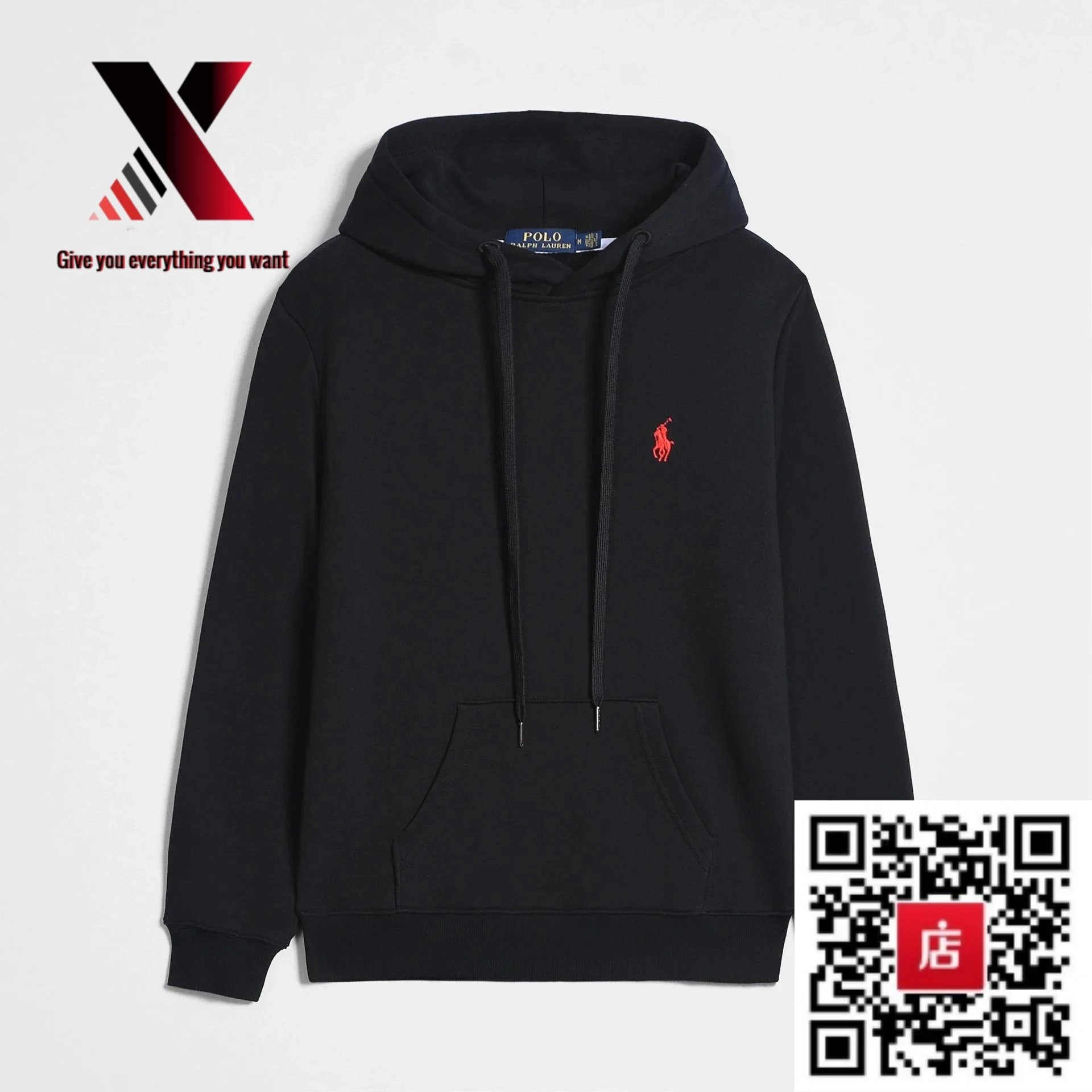 Pullover hoodie with a red label