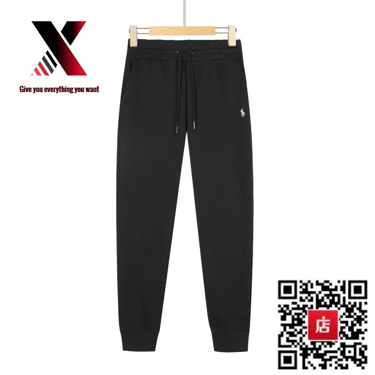 Black pants with a white label