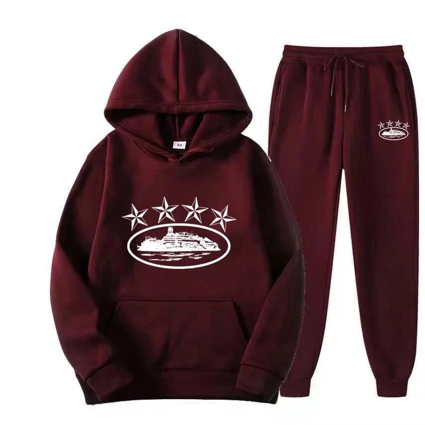Wine red with white lettering