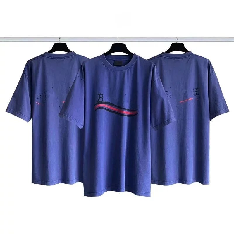 Front and back wave logo worn-out short-sleeve shirt, blue