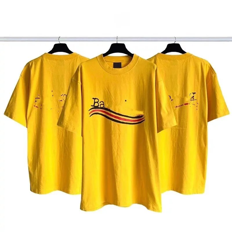 Yellow short-sleeve shirt with worn-out front and back wave logo