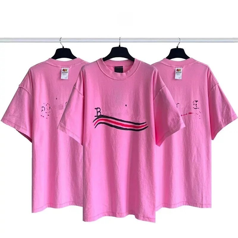 Front and back wave logo distressed short-sleeve shirt, pink