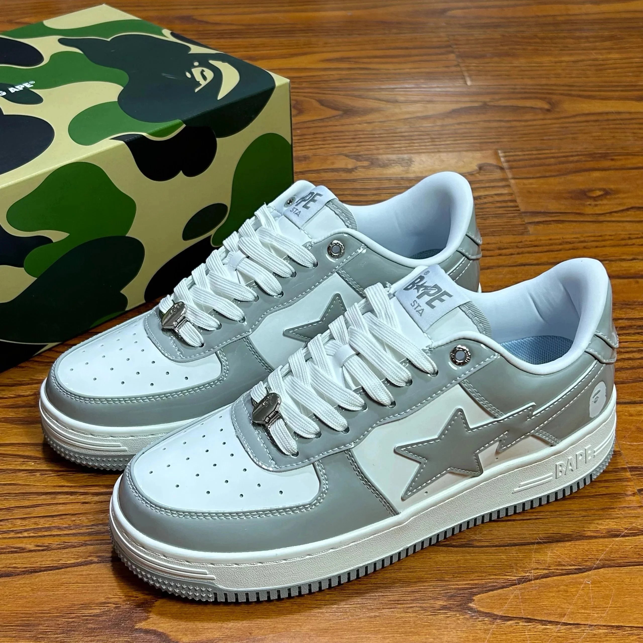 Bape white and gray patent leather