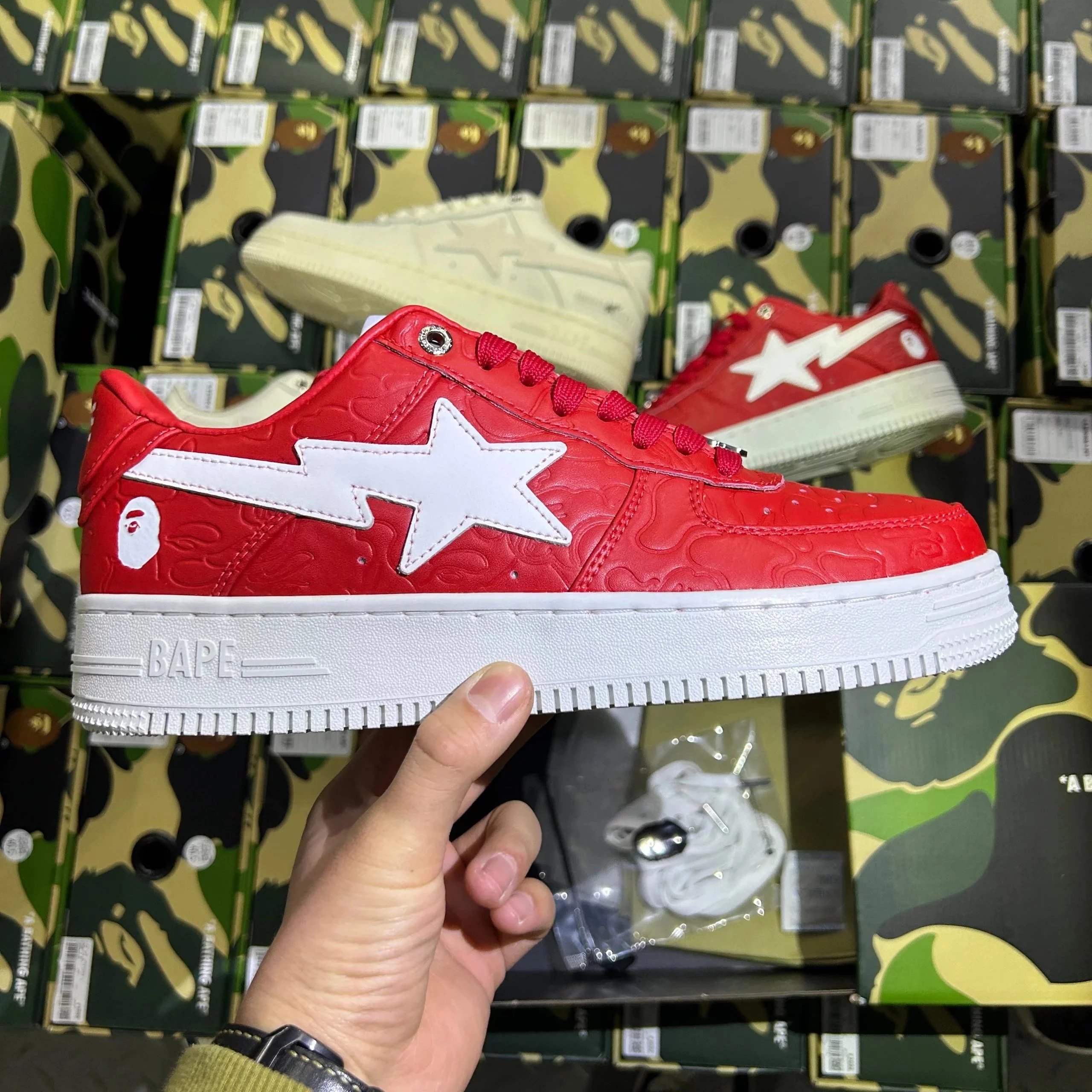 Bape STA red and white hook embossing