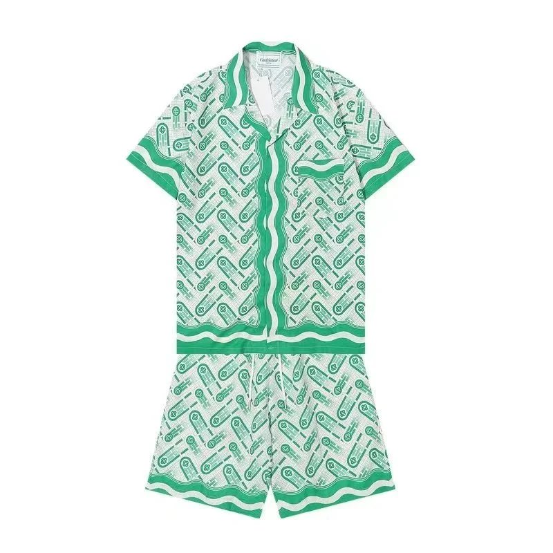 Casablanca Monogram Silk Matching Set Hawaiian Shirt and Shorts Green