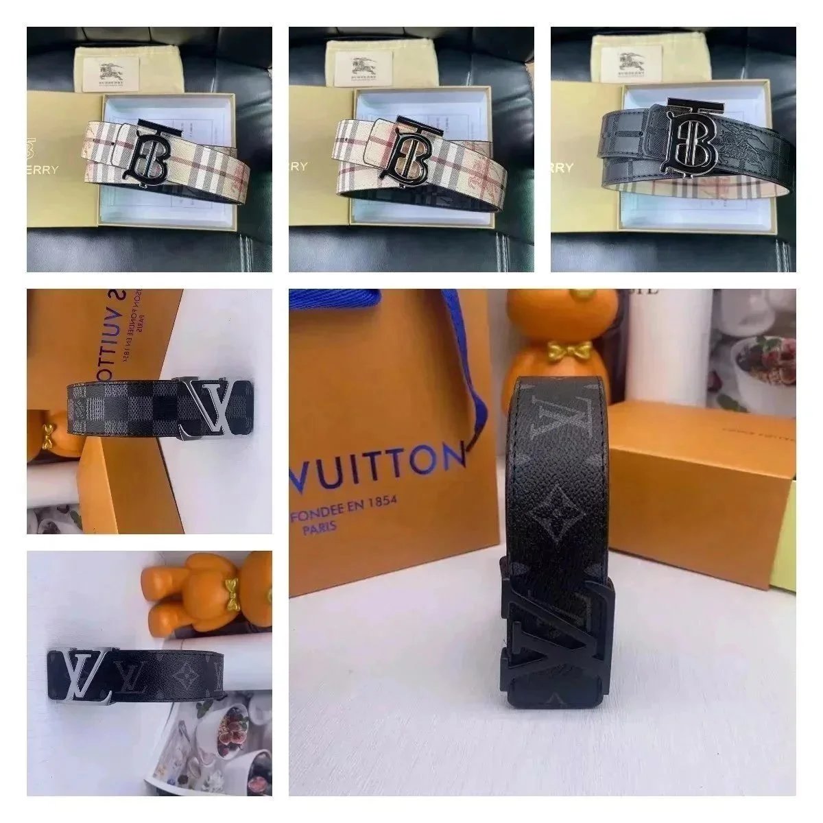 Burberry TB Monogram Reversible Leather Belt Beige and Black