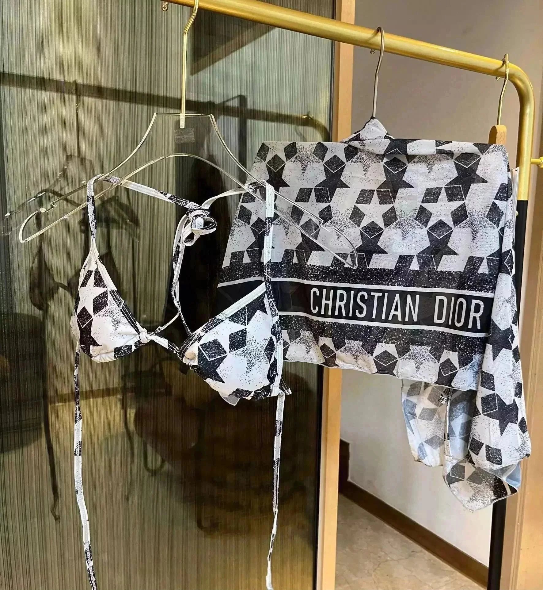 Christian Dior Star Print Bikini Set Beachwear Black and White