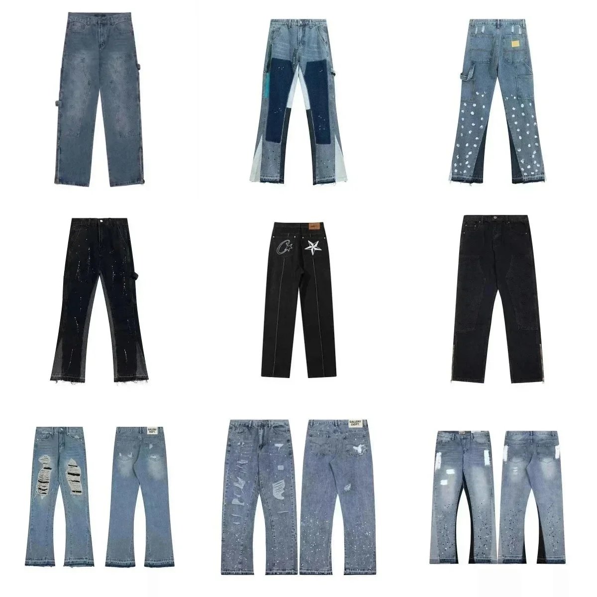 Gallery Dept. Distressed Denim Jeans Patchwork Streetwear Pants Blue and Black