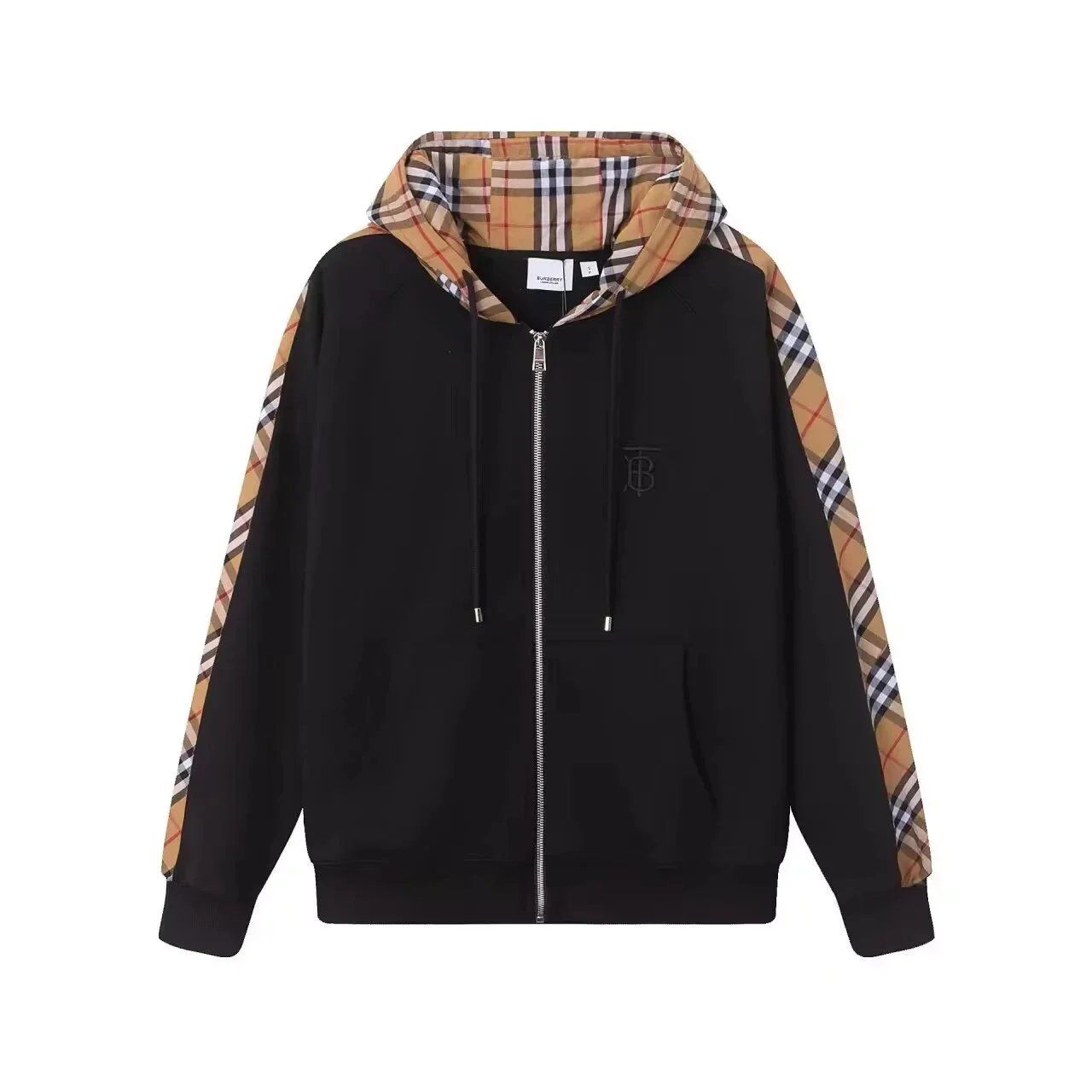 Burberry Check Panel Zip-Up Hoodie Black