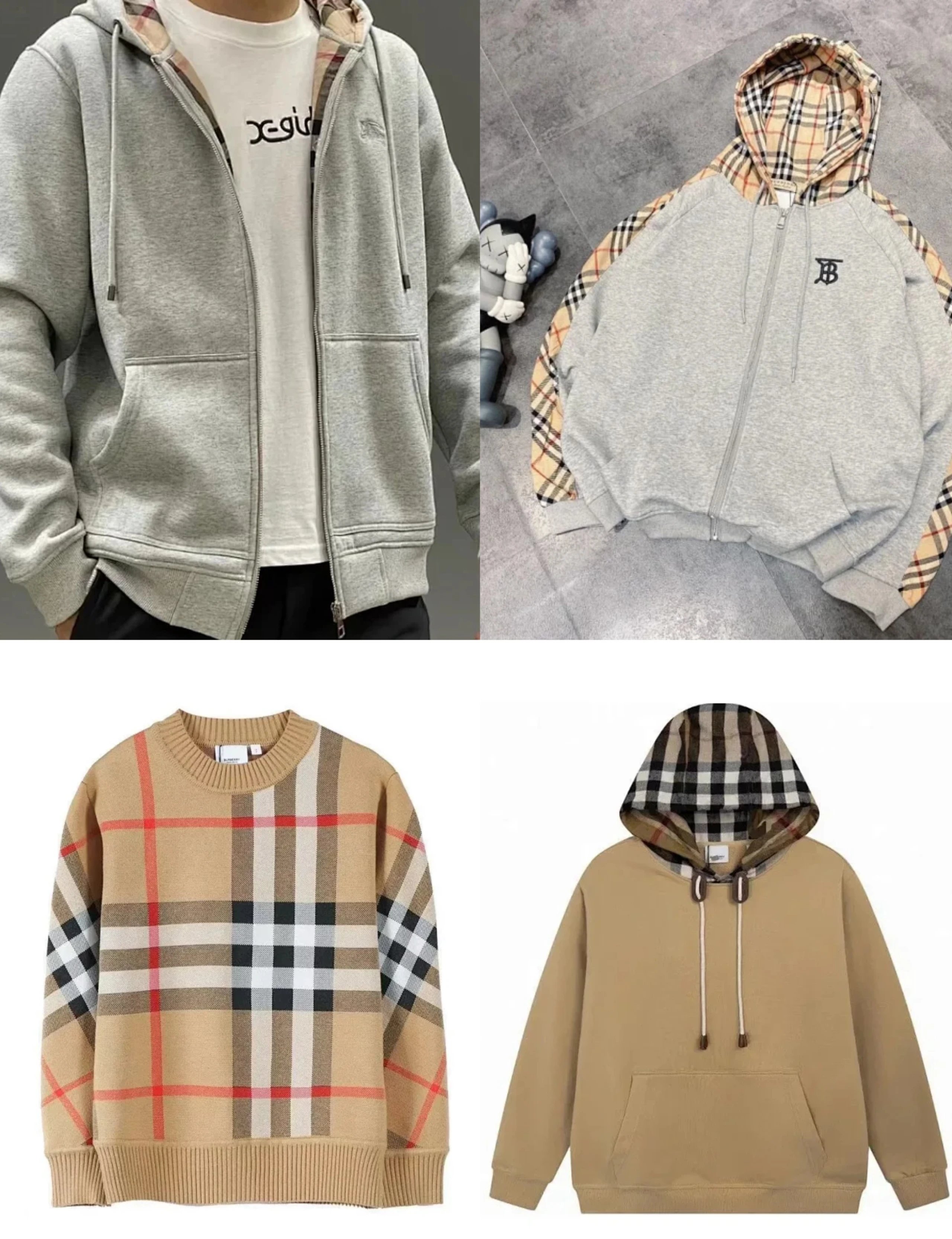 Burberry Check Panel Zip-Up Hoodie Gray