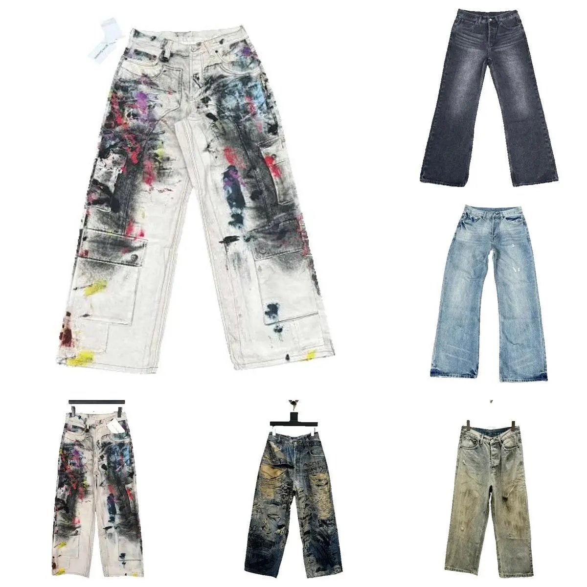 Design Distressed Paint Splatter Wide Leg Jeans Multicolor