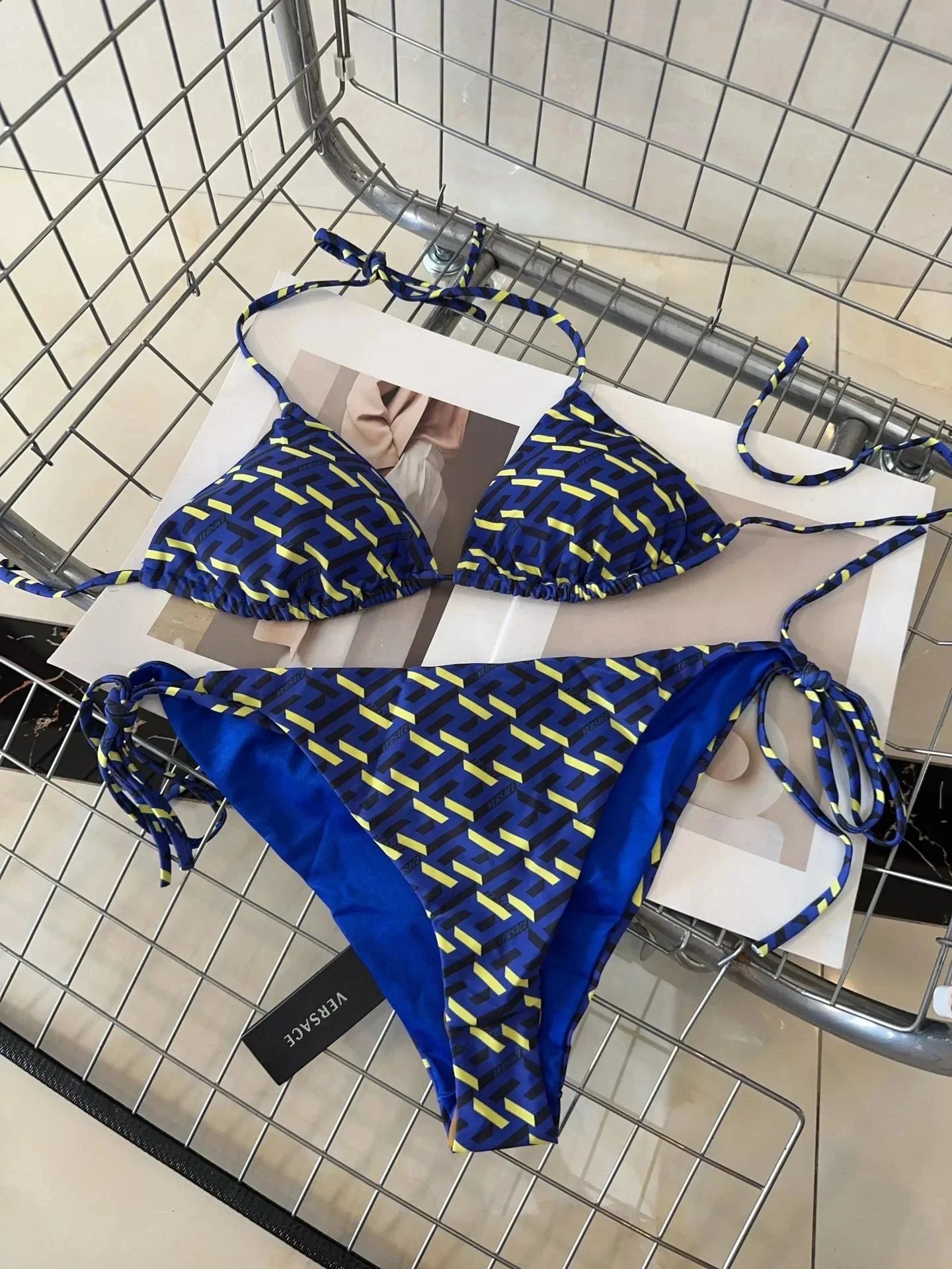 Versace La Greca Print Bikini Swimsuit Blue and Yellow