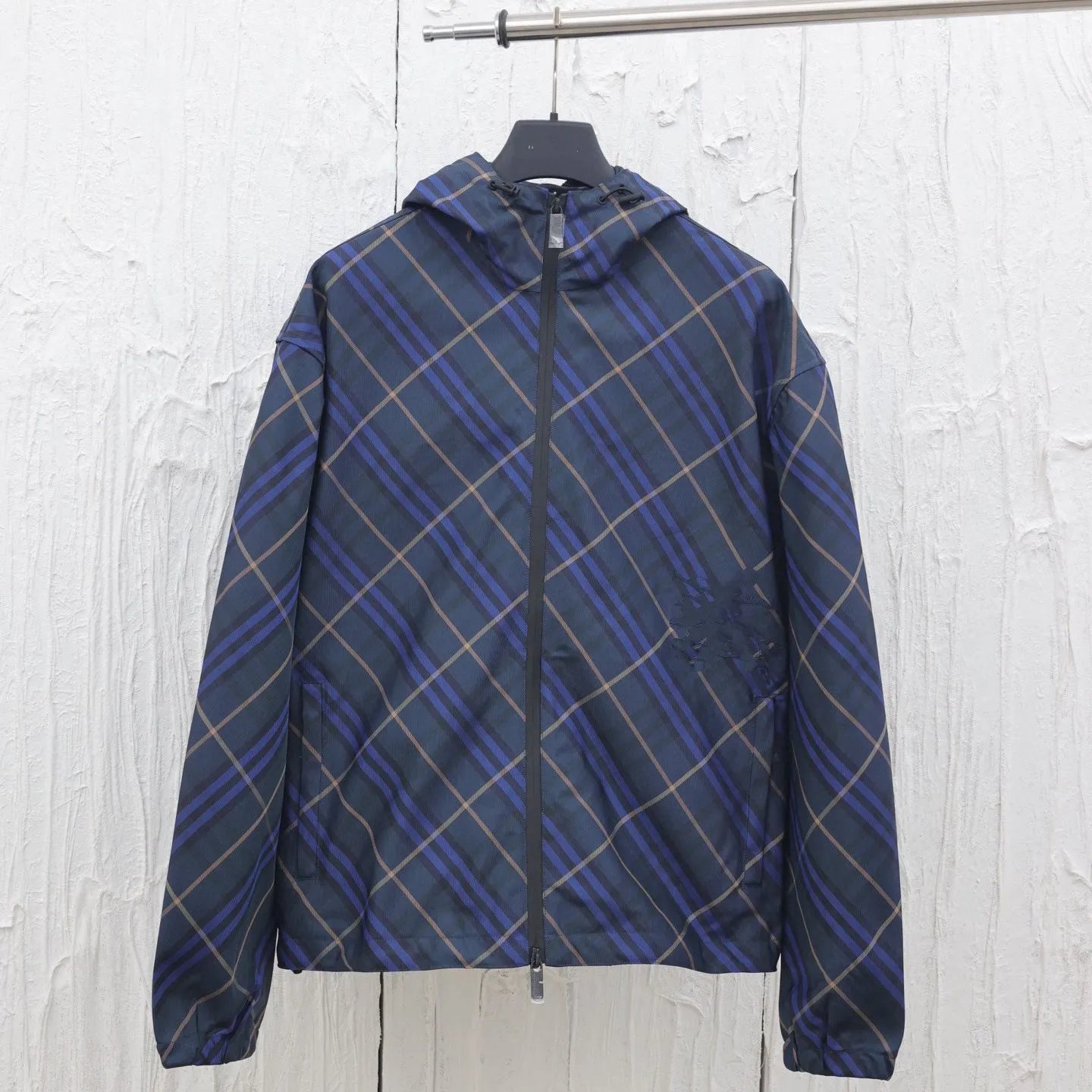 Burberry Check Print Lightweight Windbreaker Jacket Navy and Blue