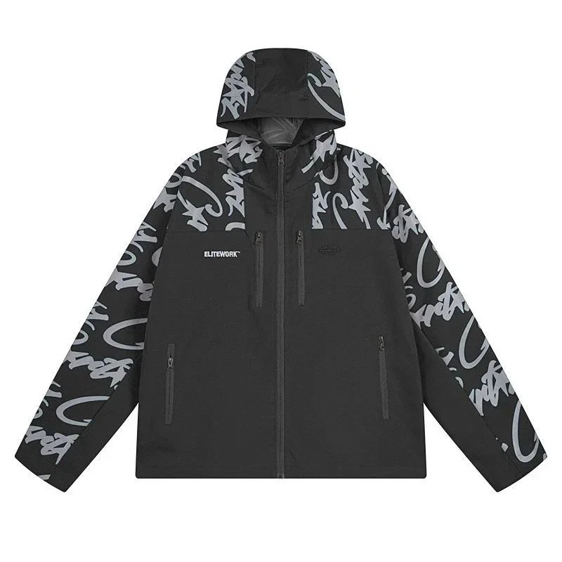 ELITEWORK Graffiti Print Streetwear Windbreaker Black