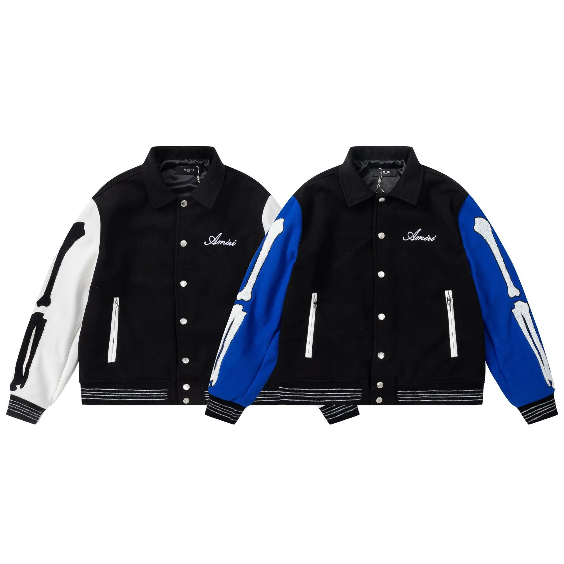 Amiri Skeleton Varsity Jacket Wool Streetwear Jacket Black and Blue