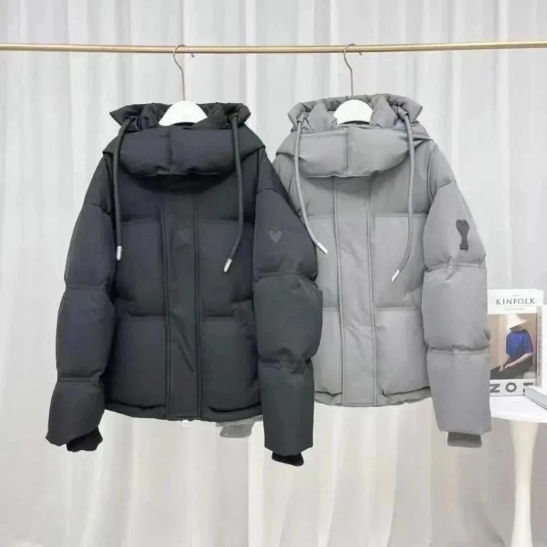 Ami Paris Ami Heart Patch Puffer Jacket Hooded Down Jacket Black and Gray