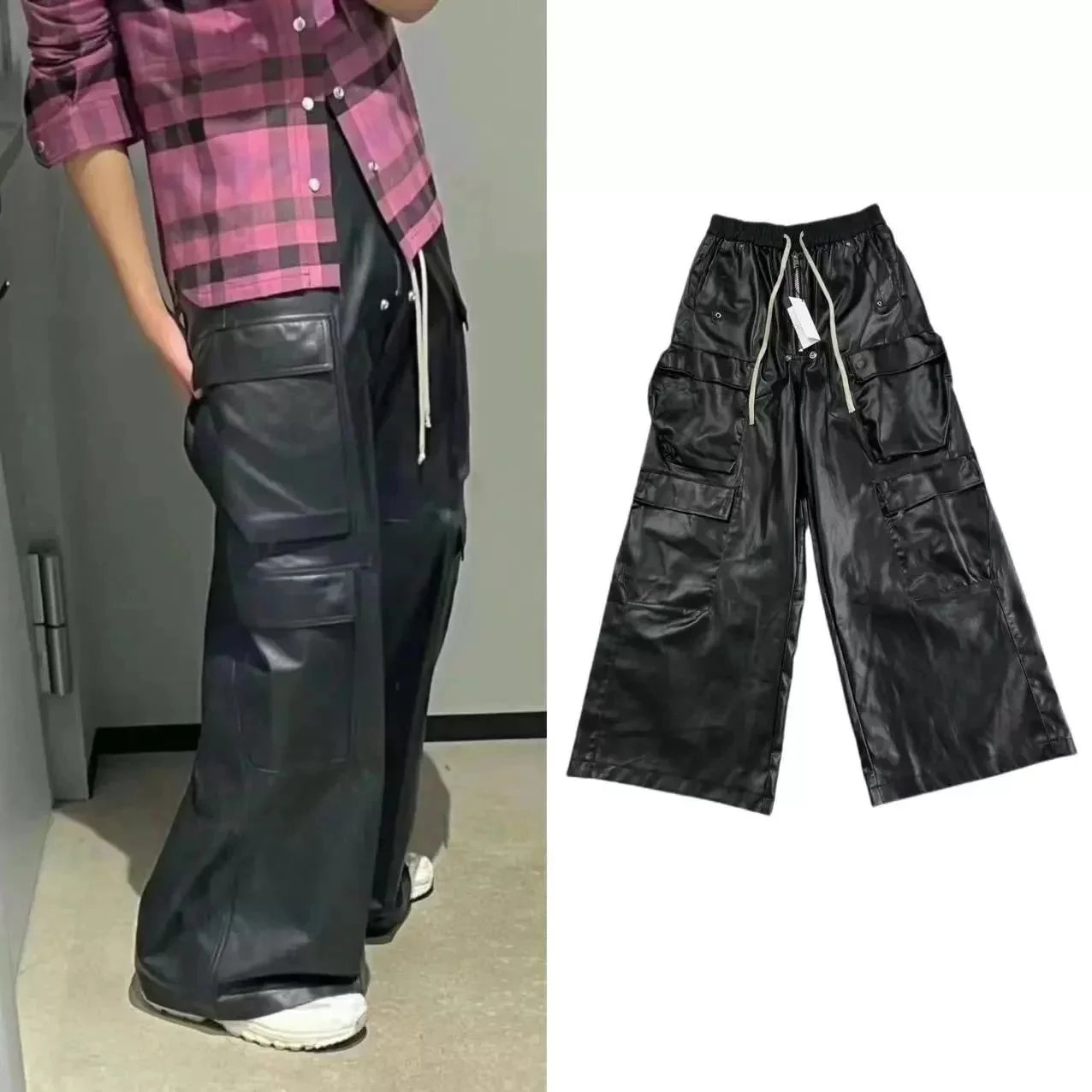 Rick Owens Cargo Pods Wide Leg Leather Cargo Pants Black