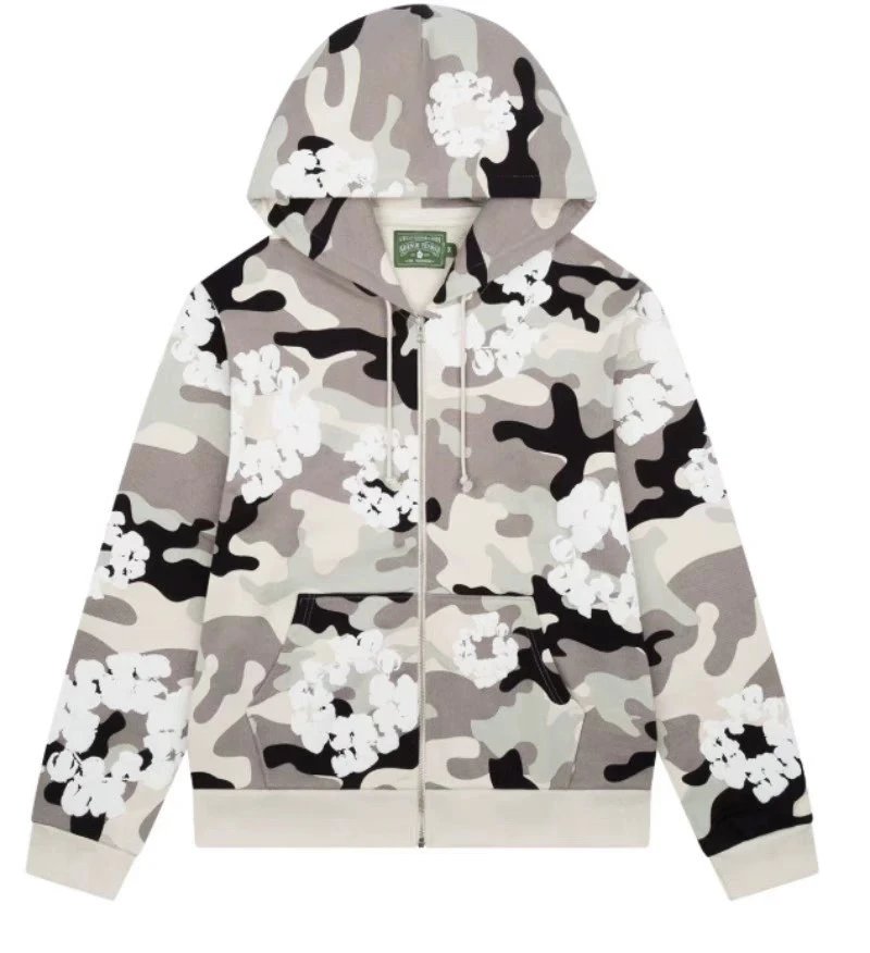 Saint Michael Camo Flower Zip-Up Hoodie Streetwear Sweatshirt Gray and White