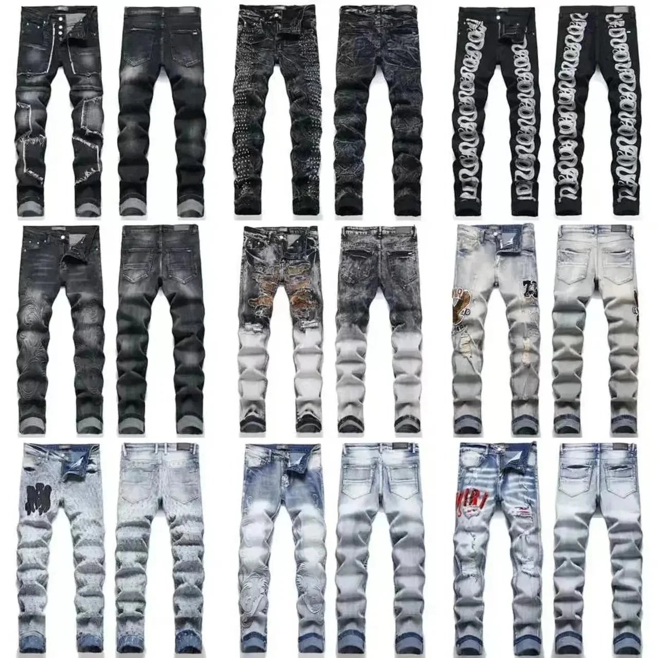 Design Distressed Slim Fit Jeans Streetwear Denim Pants Multicolor
