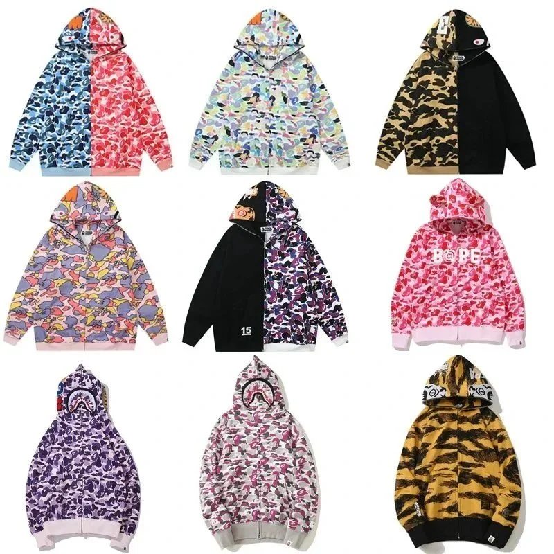 A Bathing Ape BAPE Shark Full Zip Hoodie Camo Streetwear Sweatshirt Multicolor