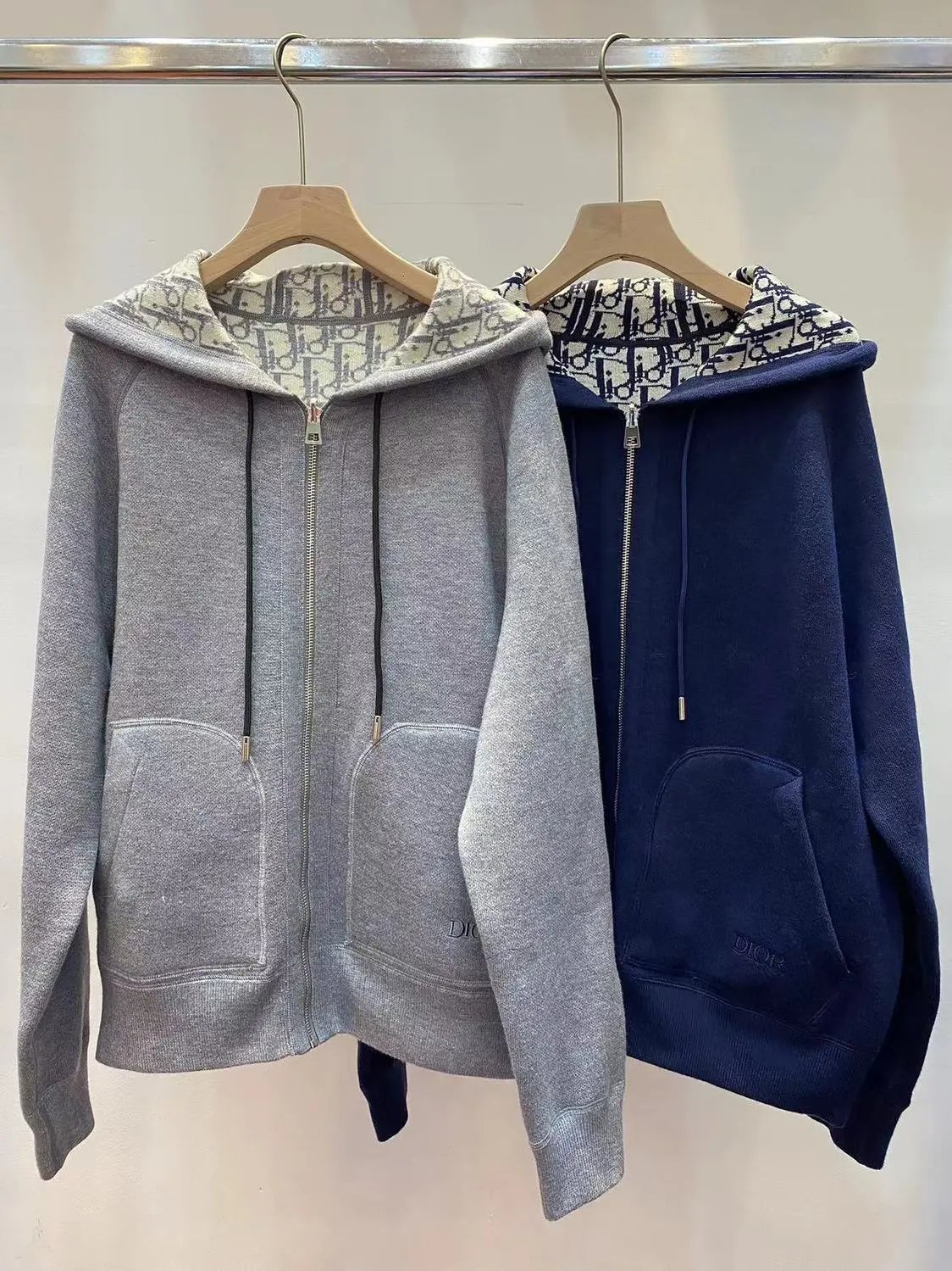 Dior Oblique Cotton Zip-Up Hoodie Gray and Navy