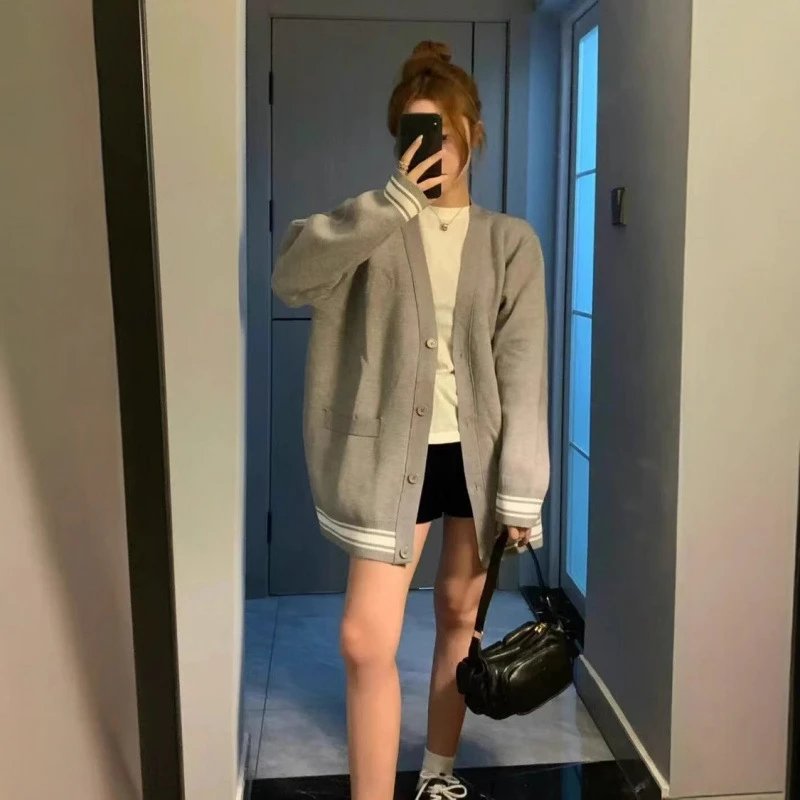 Design Striped Trim Knit Cardigan Oversized Sweater Gray